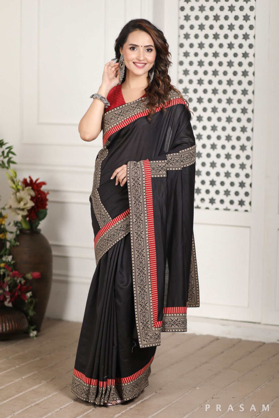 Wind's Choir Chanderi Silk and Ajrakh Border Fusion Saree Prasam Crafts