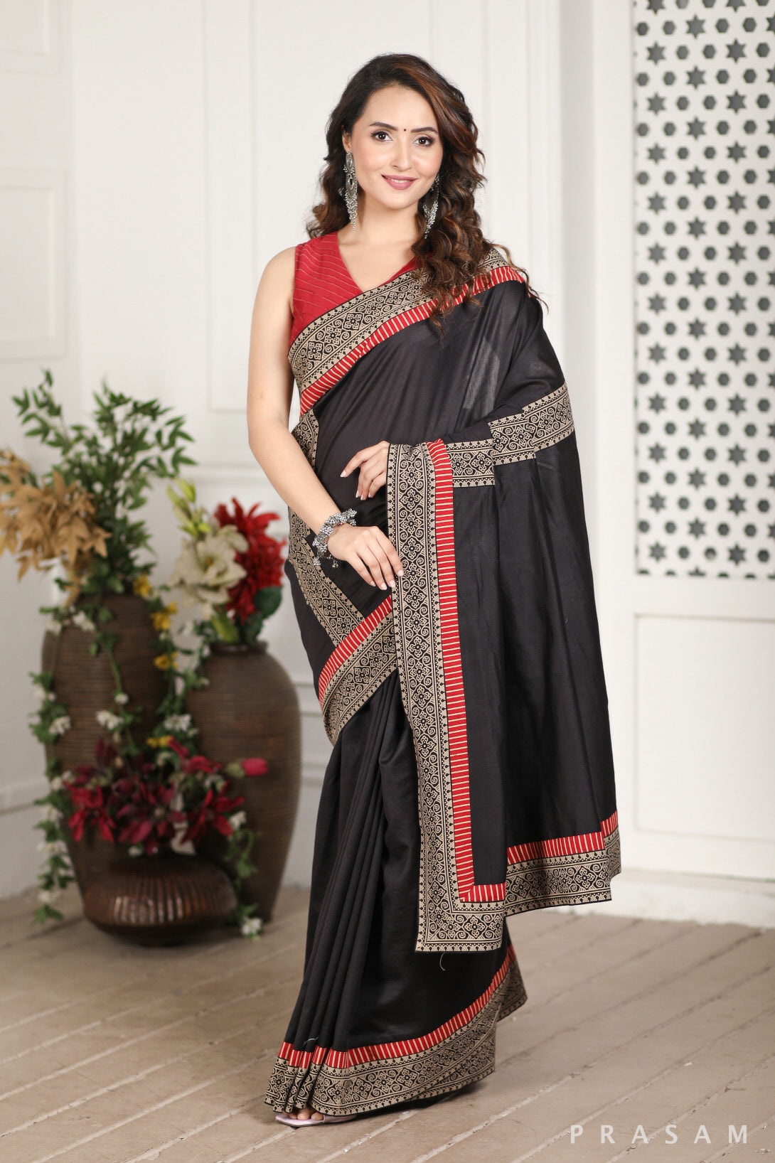 Wind's Choir Chanderi Silk and Ajrakh Border Fusion Saree Prasam Crafts