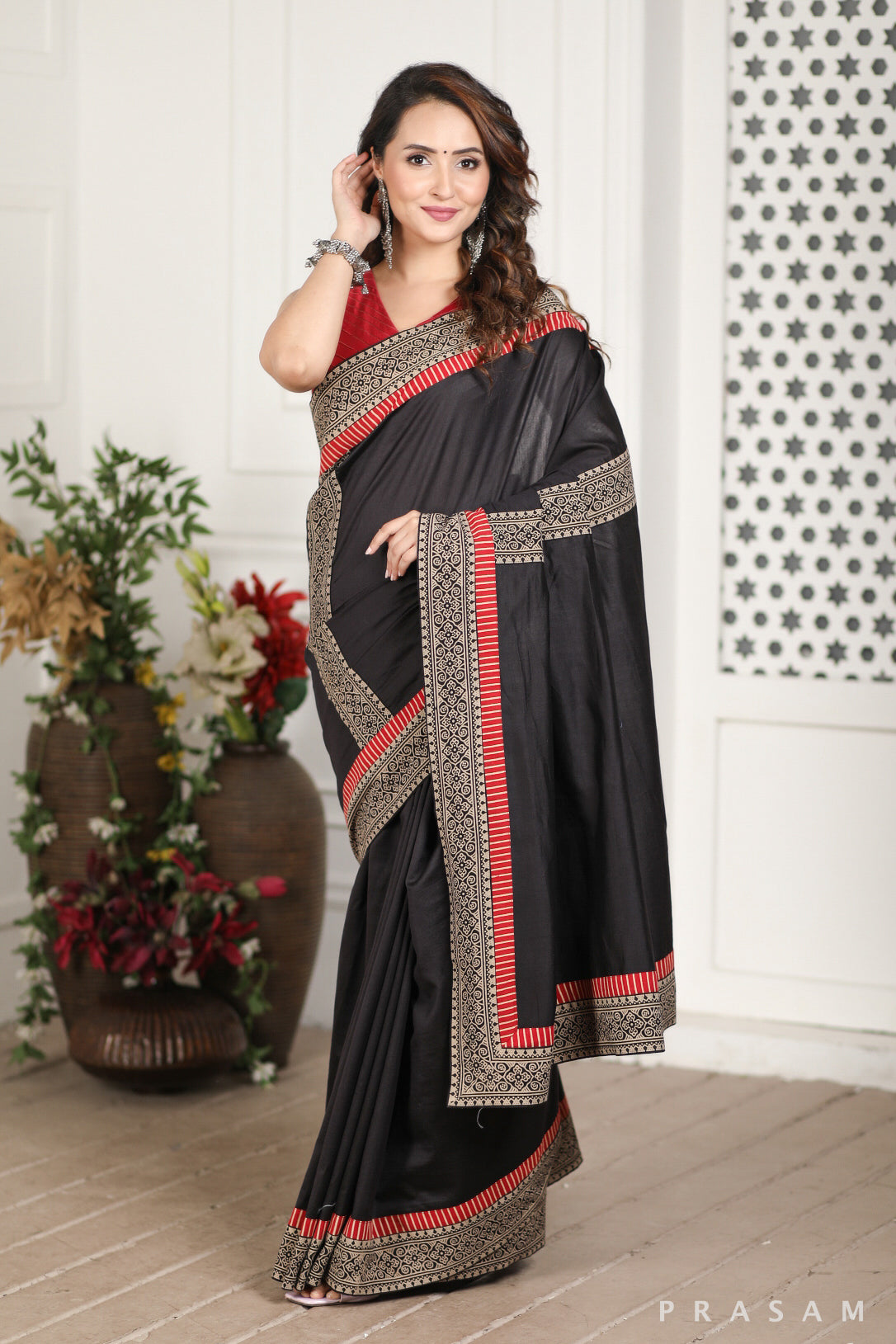 Wind's Choir Chanderi Silk and Ajrakh Border Fusion Saree Prasam Crafts