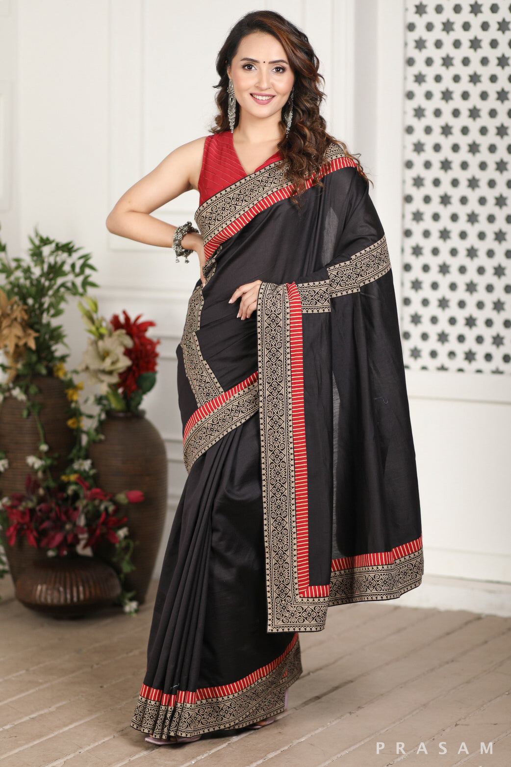 Wind's Choir Chanderi Silk and Ajrakh Border Fusion Saree Prasam Crafts