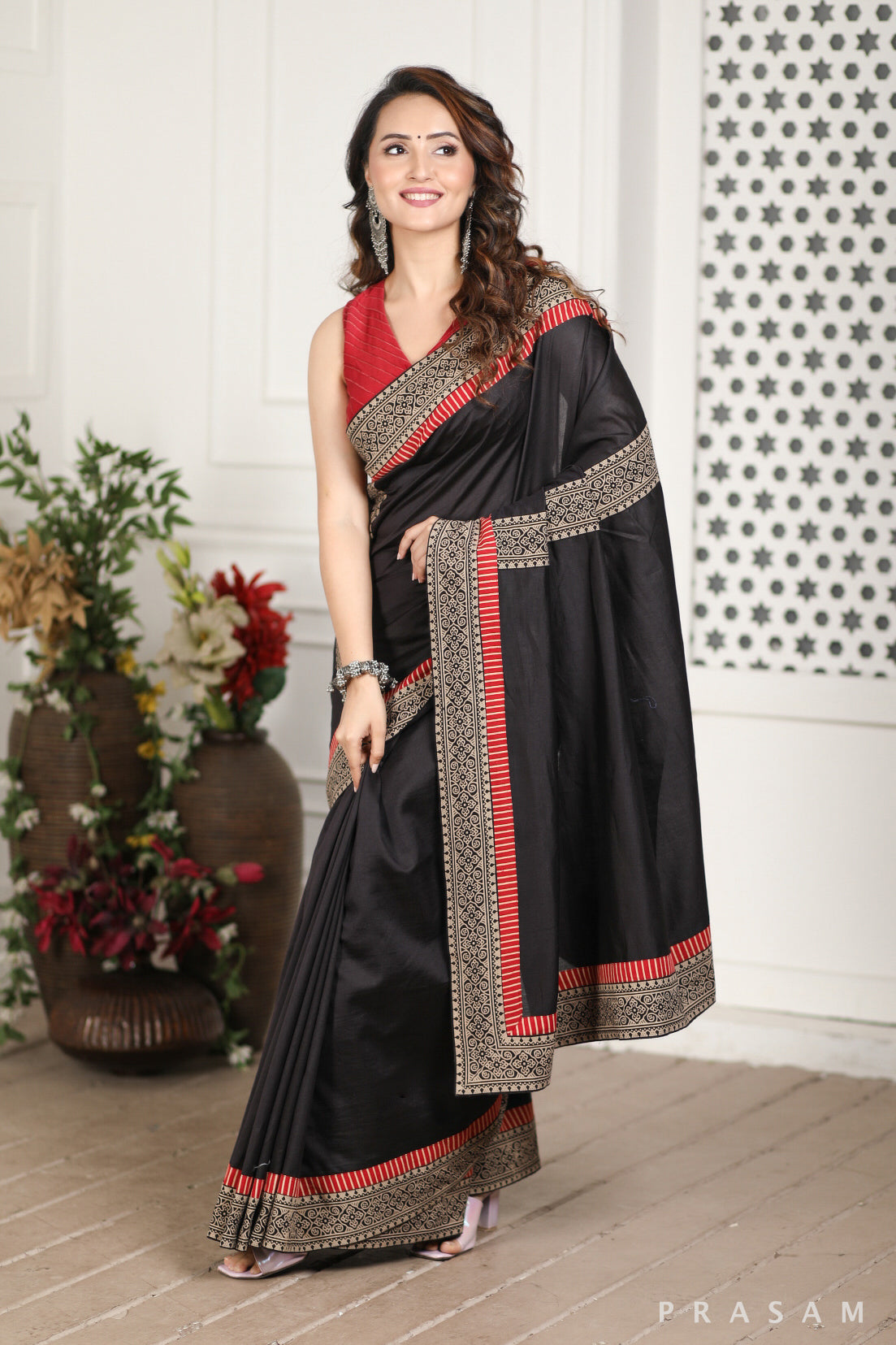 Wind's Choir Chanderi Silk and Ajrakh Border Fusion Saree Prasam Crafts