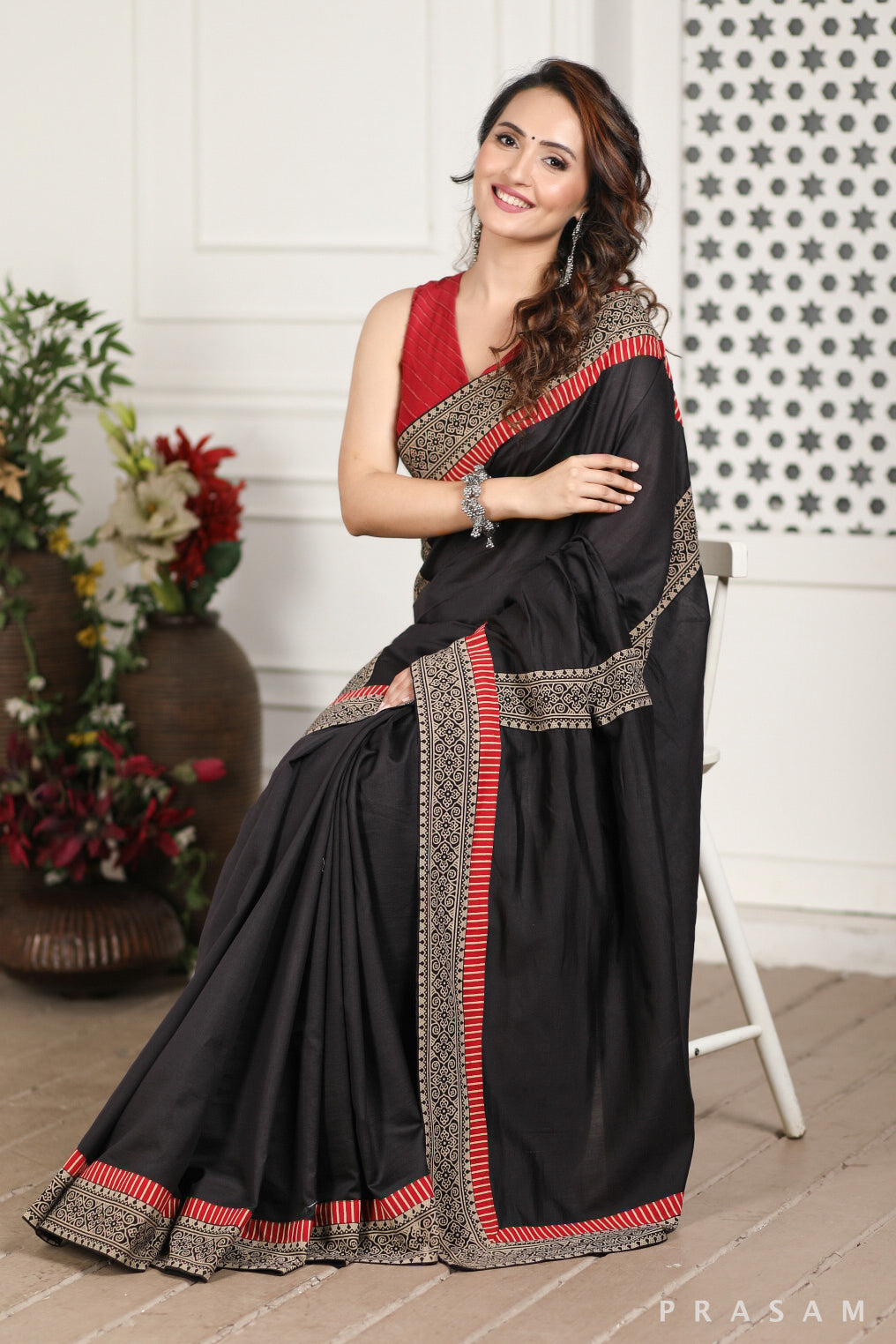 Wind's Choir Chanderi Silk and Ajrakh Border Fusion Saree Prasam Crafts