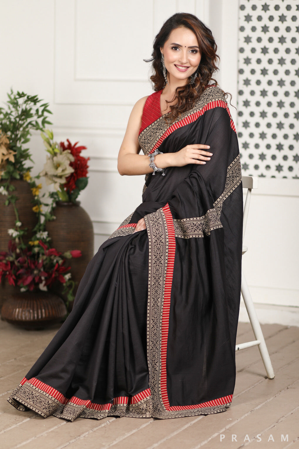 Wind's Choir Chanderi Silk and Ajrakh Border Fusion Saree Prasam Crafts