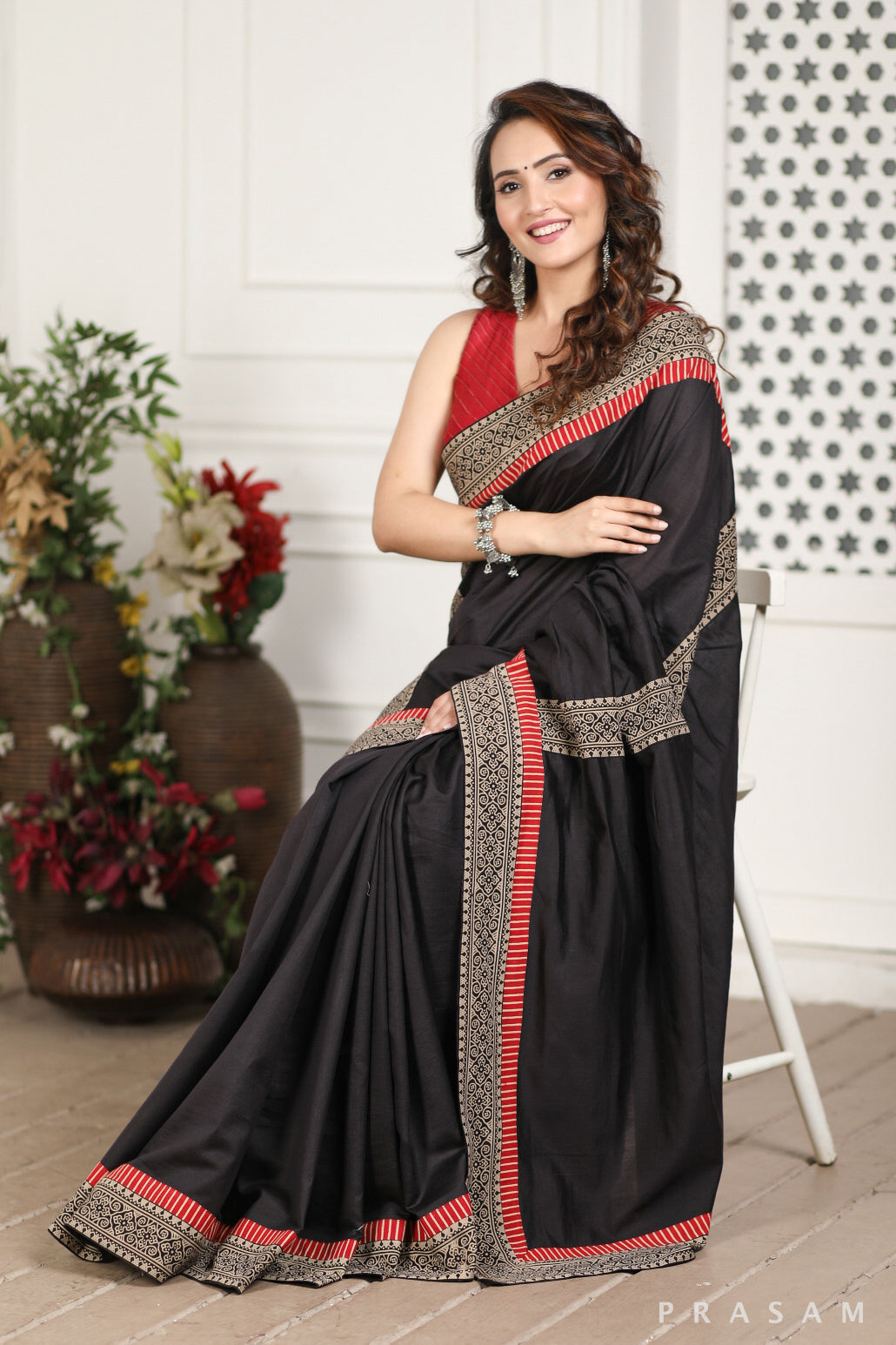 Wind's Choir Chanderi Silk and Ajrakh Border Fusion Saree Prasam Crafts