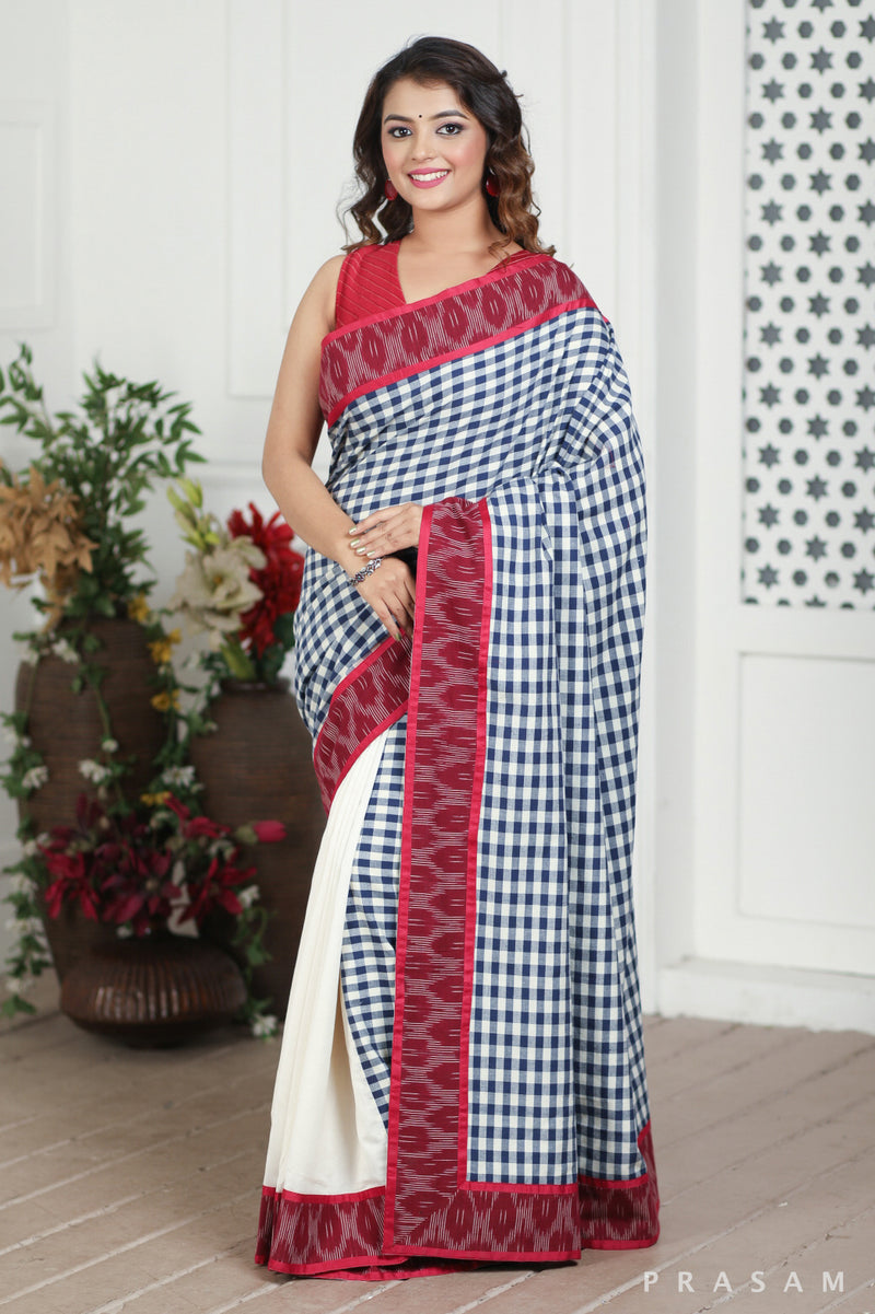 Stand Of Pines Chanderi Silk and Handloom Cotton Fusion Saree with Ikat border Prasam Crafts