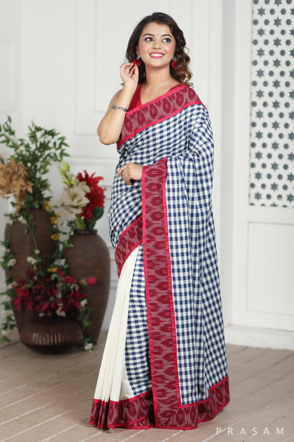 Stand Of Pines Chanderi Silk and Handloom Cotton Fusion Saree with Ikat border Prasam Crafts