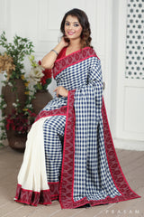 Stand Of Pines Chanderi Silk and Handloom Cotton Fusion Saree with Ikat border Prasam Crafts