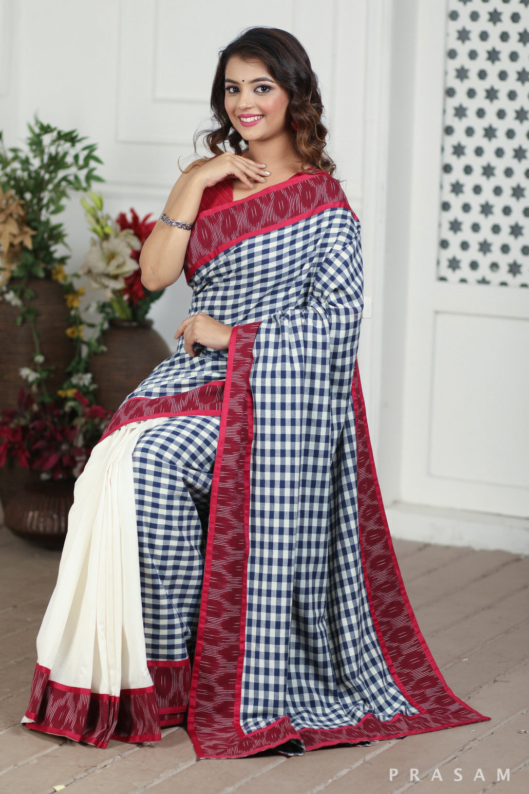 Stand Of Pines Chanderi Silk and Handloom Cotton Fusion Saree with Ikat border Prasam Crafts