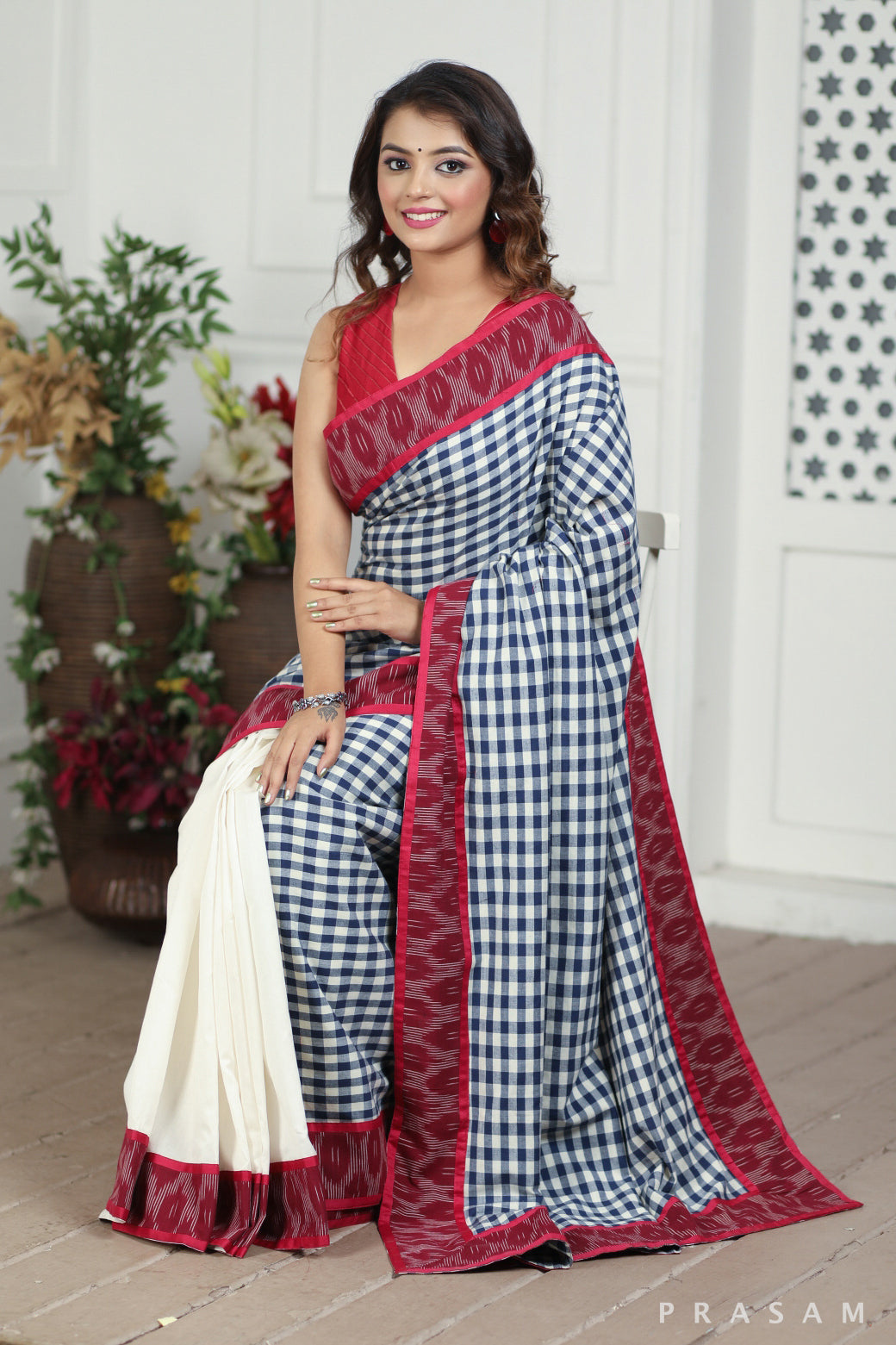 Stand Of Pines Chanderi Silk and Handloom Cotton Fusion Saree with Ikat border Prasam Crafts