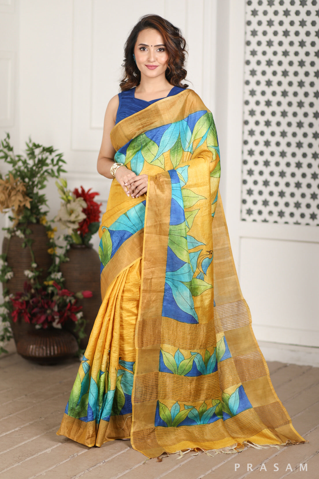 Chirping Bird Hand Painted Tussar Silk Saree Prasam Crafts