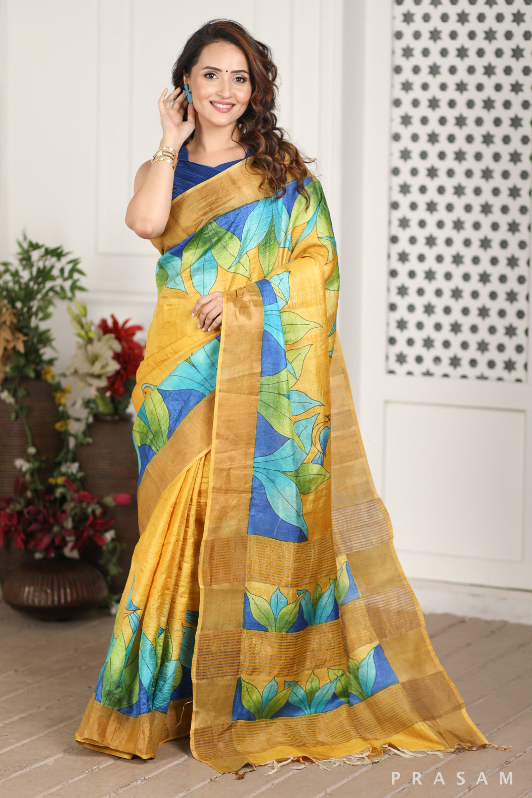 Chirping Bird Hand Painted Tussar Silk Saree Prasam Crafts