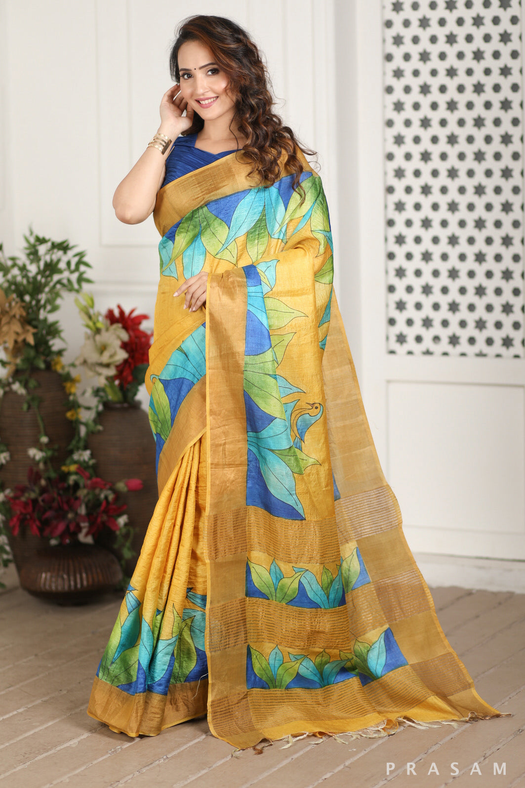 Chirping Bird Hand Painted Tussar Silk Saree Prasam Crafts