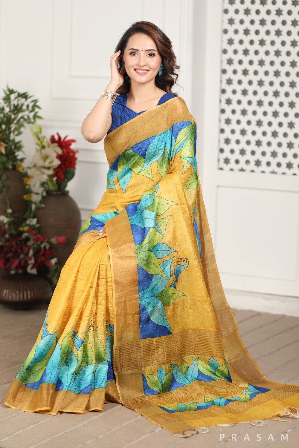 Chirping Bird Hand Painted Tussar Silk Saree Prasam Crafts