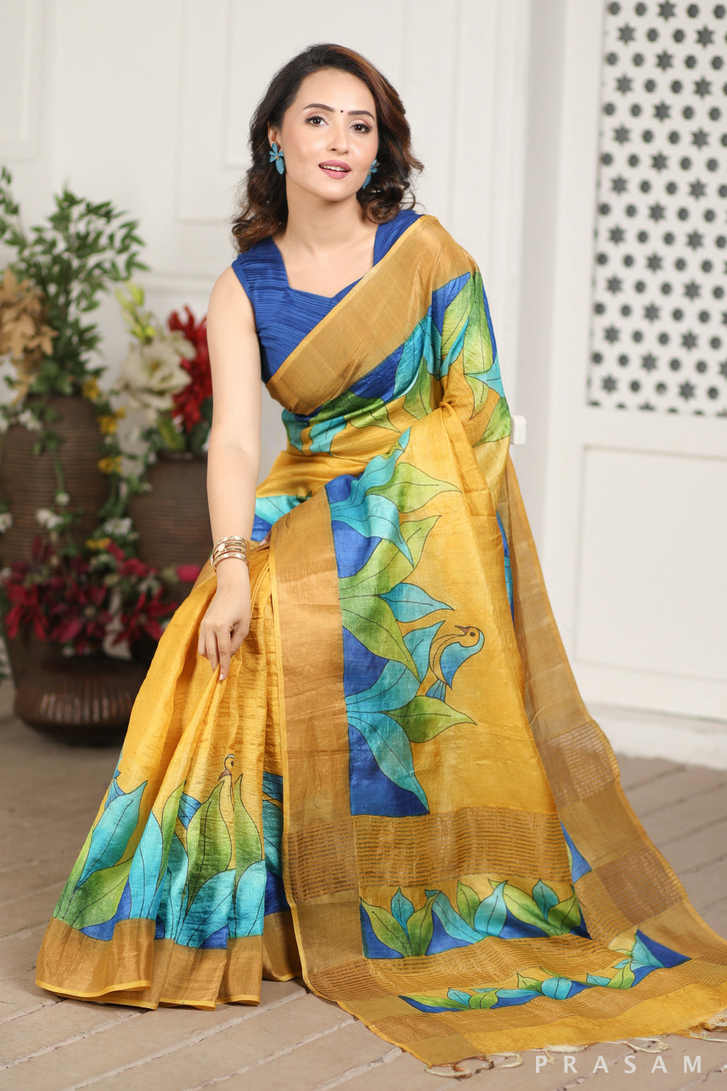 Chirping Bird Hand Painted Tussar Silk Saree Prasam Crafts