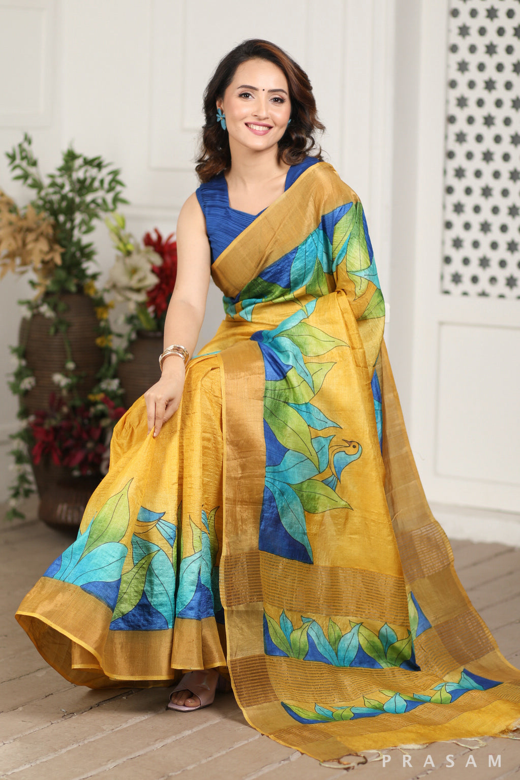 Chirping Bird Hand Painted Tussar Silk Saree Prasam Crafts