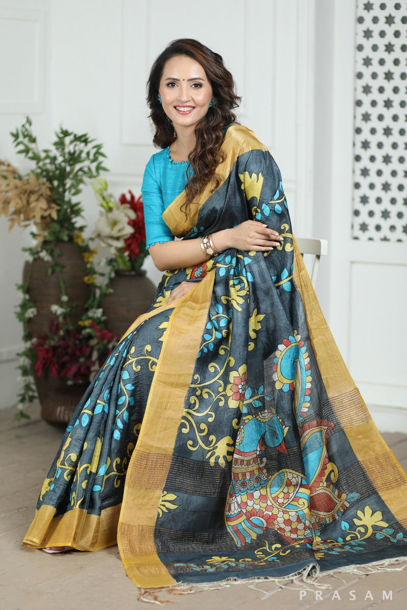 Kalamkari Batick Printed Soft Tussar Silk Saree in Beige, Rose Gold, B –  Bengal Looms India
