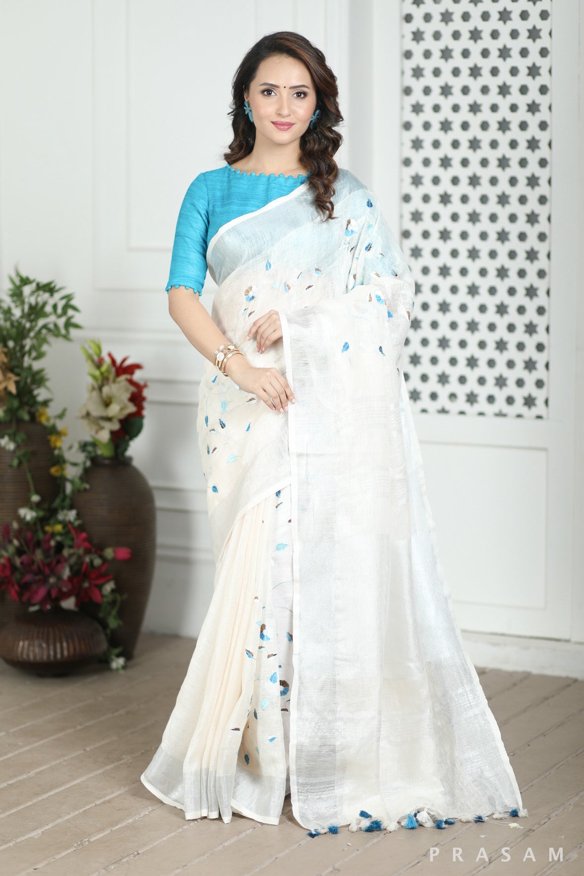 Frosty White Linen Embroidery Saree Prasam crafts