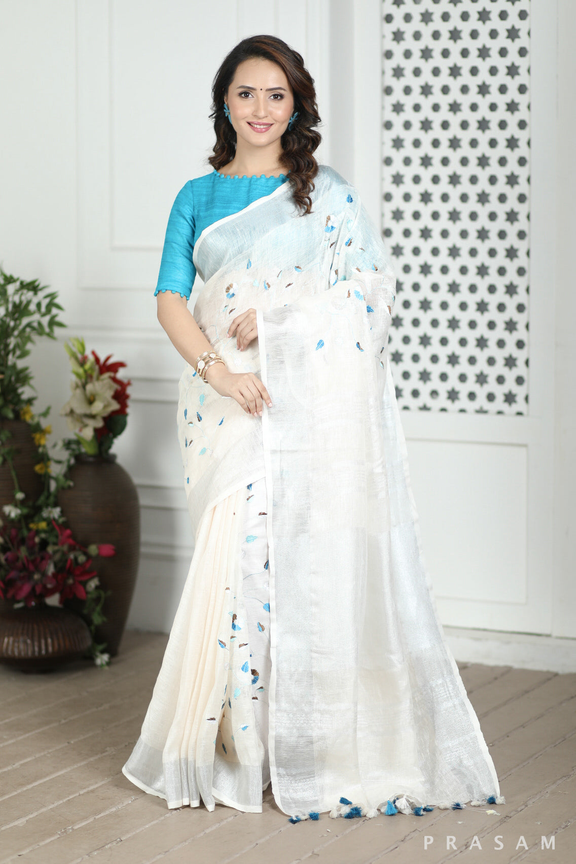 Frosty White Linen Embroidery Saree Prasam crafts