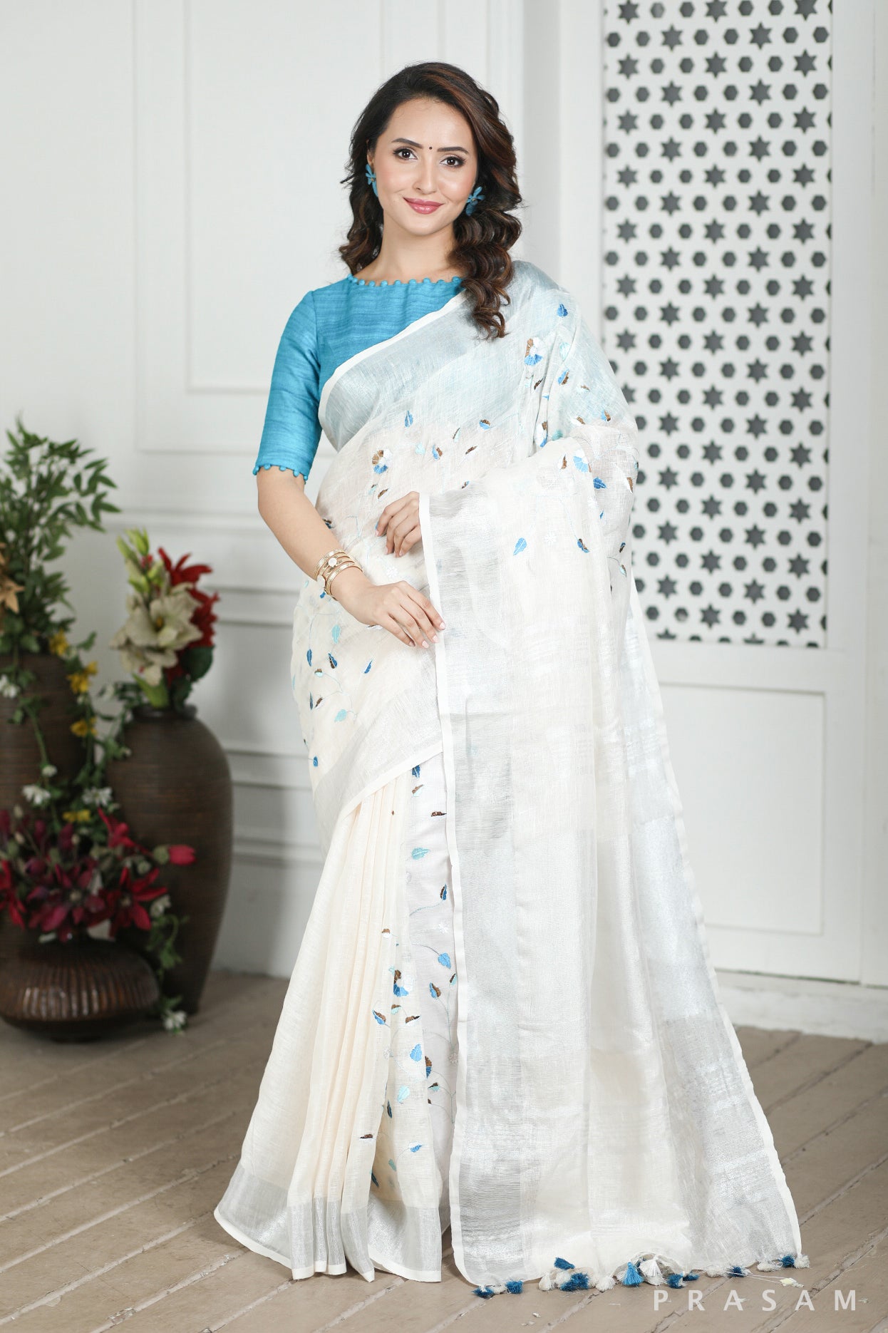 Frosty White Linen Embroidery Saree Prasam crafts