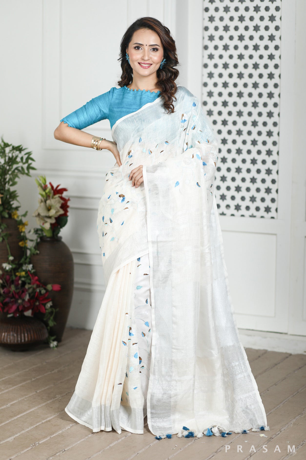 Frosty White Linen Embroidery Saree Prasam crafts