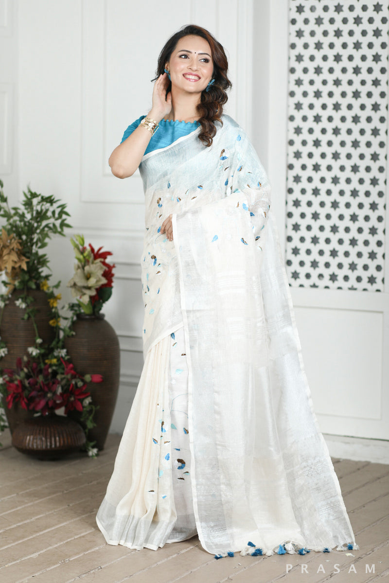 Frosty White Linen Embroidery Saree Prasam crafts