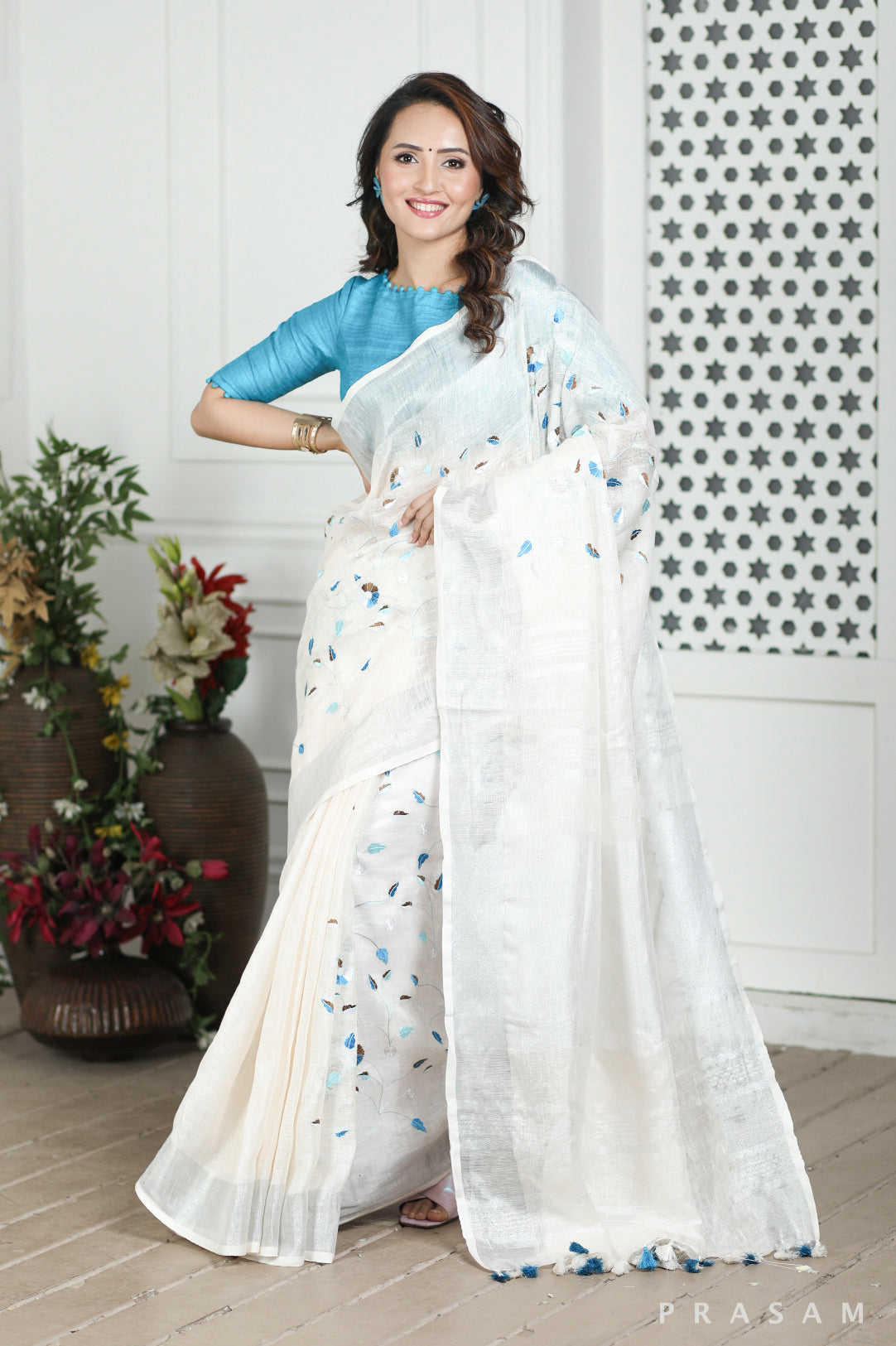 Frosty White Linen Embroidery Saree Prasam crafts