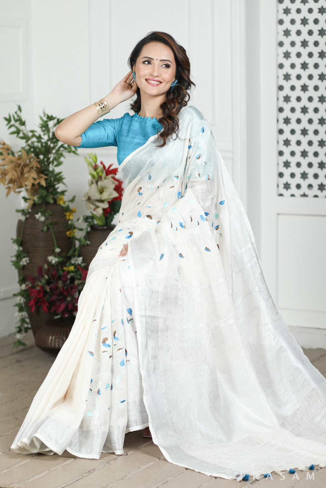 Frosty White Linen Embroidery Saree Prasam crafts