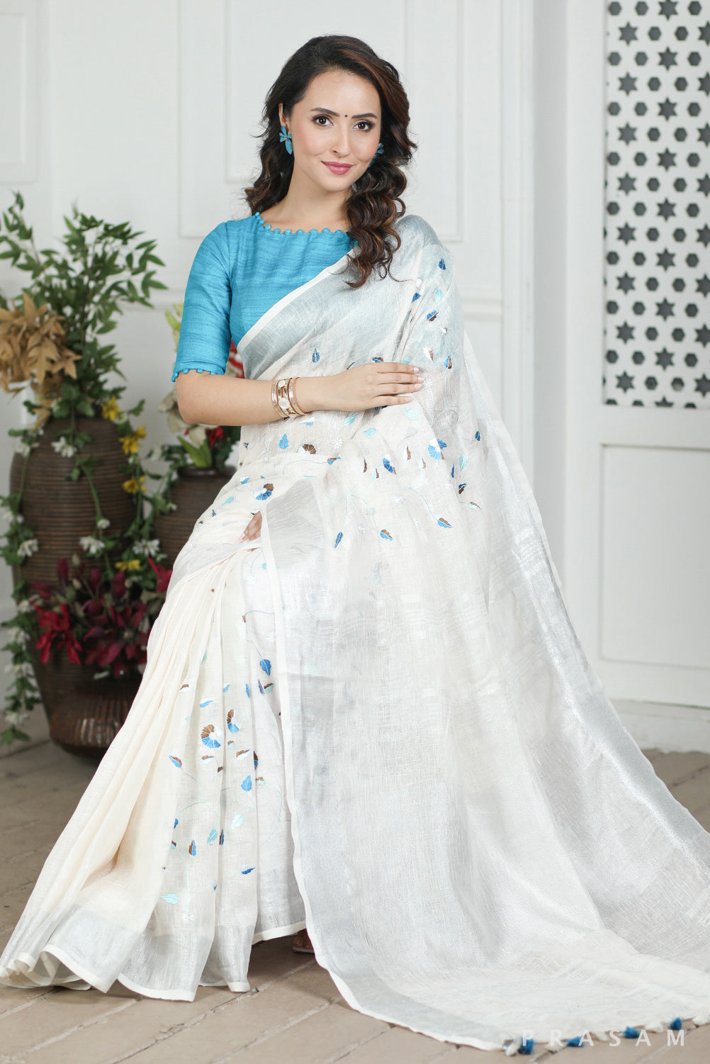 Frosty White Linen Embroidery Saree Prasam crafts