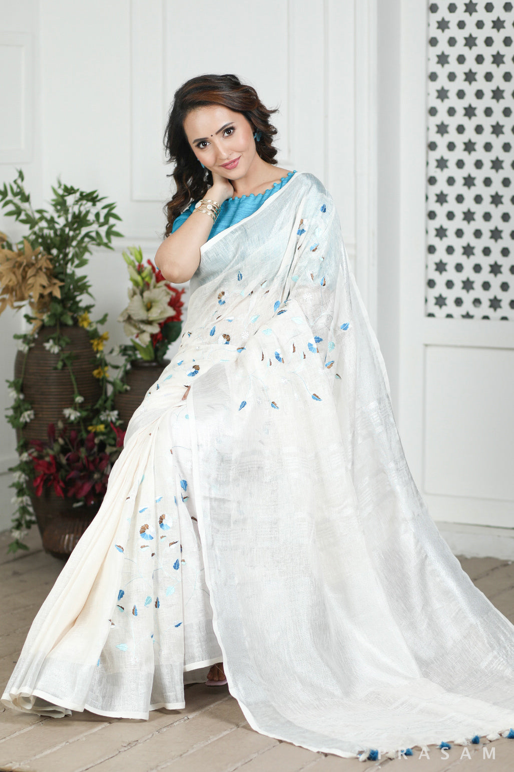 Frosty White Linen Embroidery Saree Prasam crafts