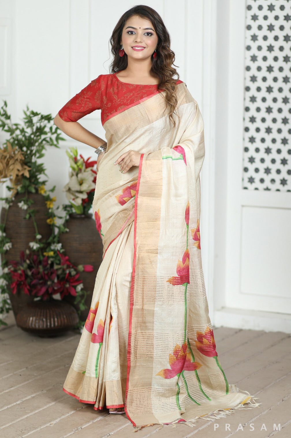 House Of Beige Handpainted Tussar Silk Saree prasam crafts