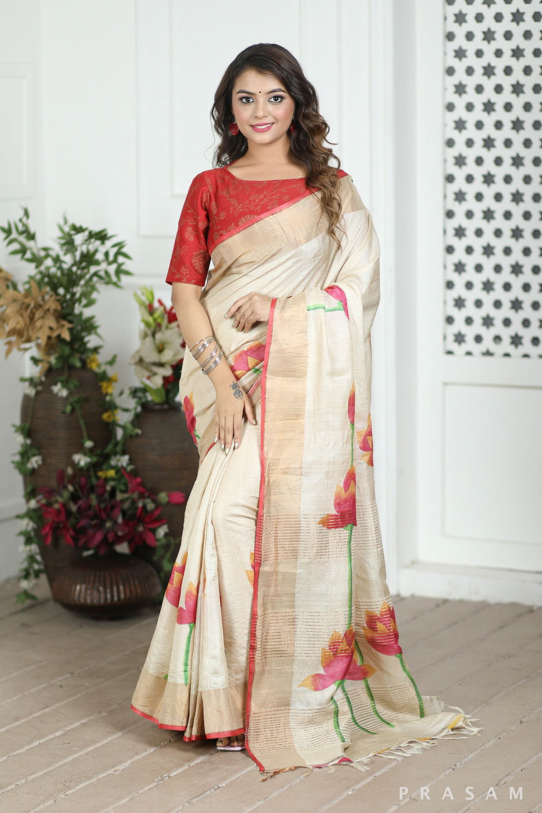 House Of Beige Handpainted Tussar Silk Saree prasam crafts