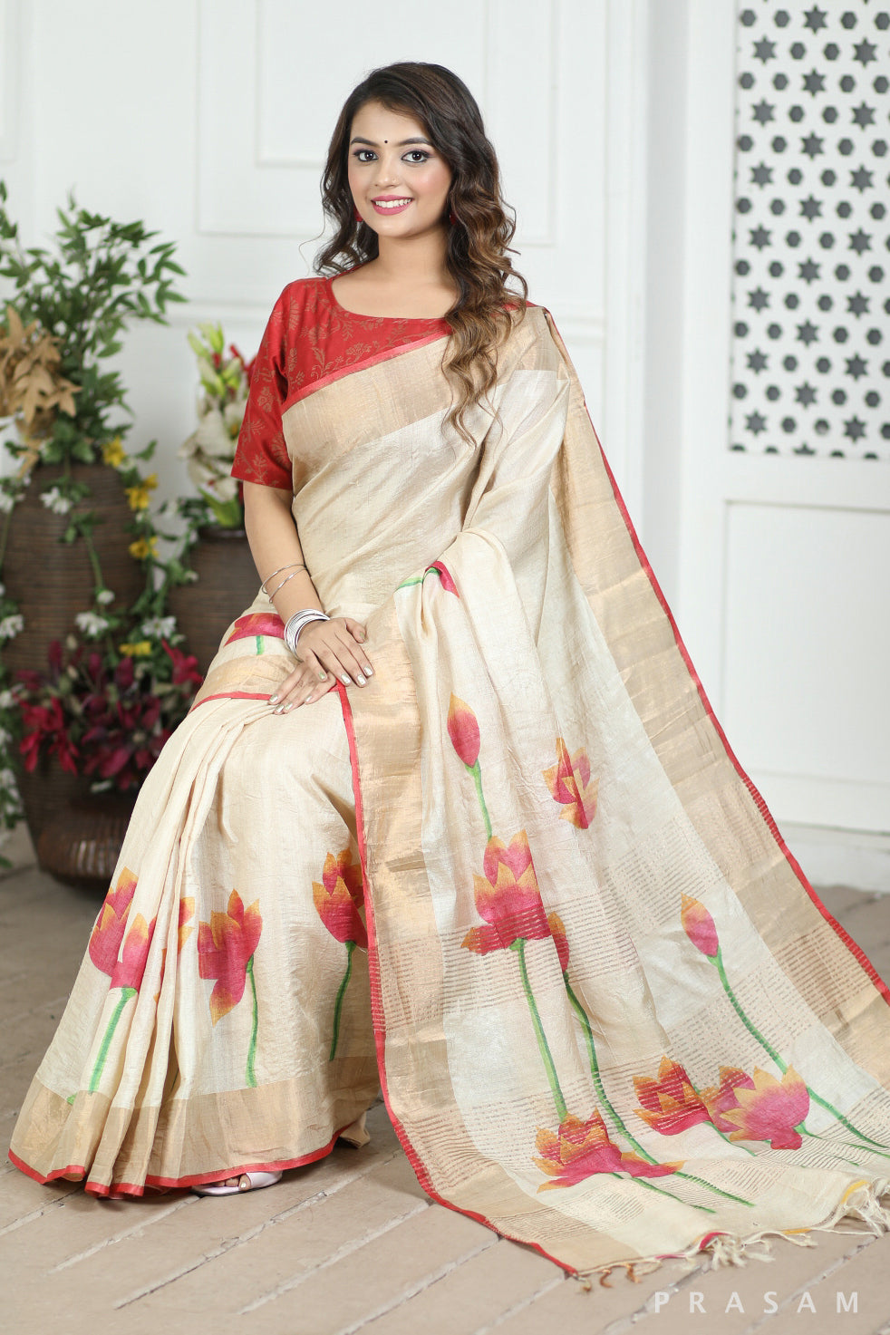 House Of Beige Handpainted Tussar Silk Saree prasam crafts