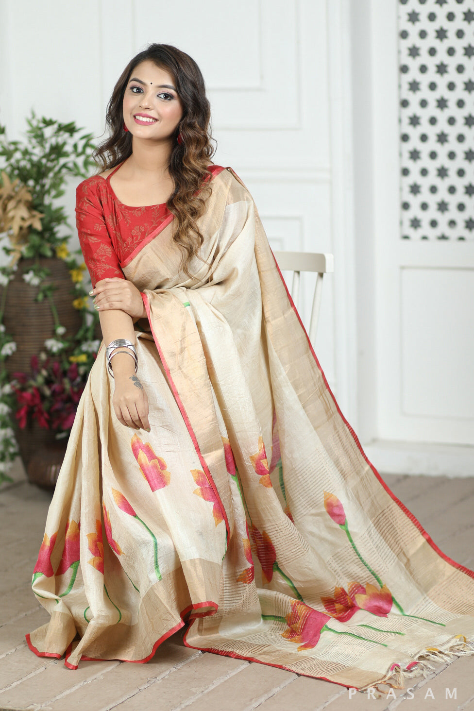 House Of Beige Handpainted Tussar Silk Saree prasam crafts