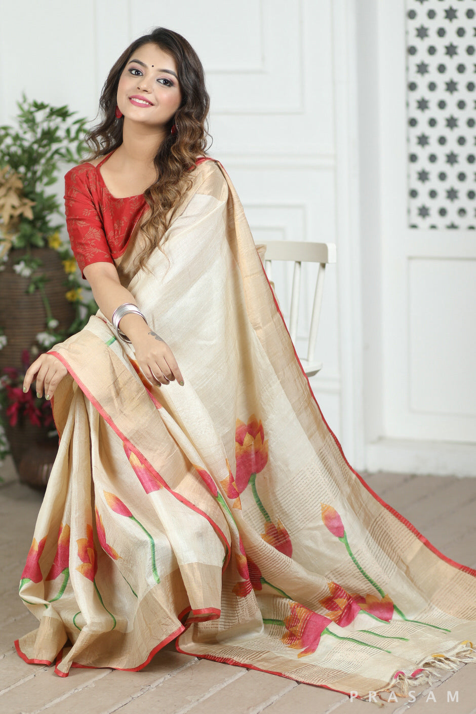 House Of Beige Handpainted Tussar Silk Saree prasam crafts