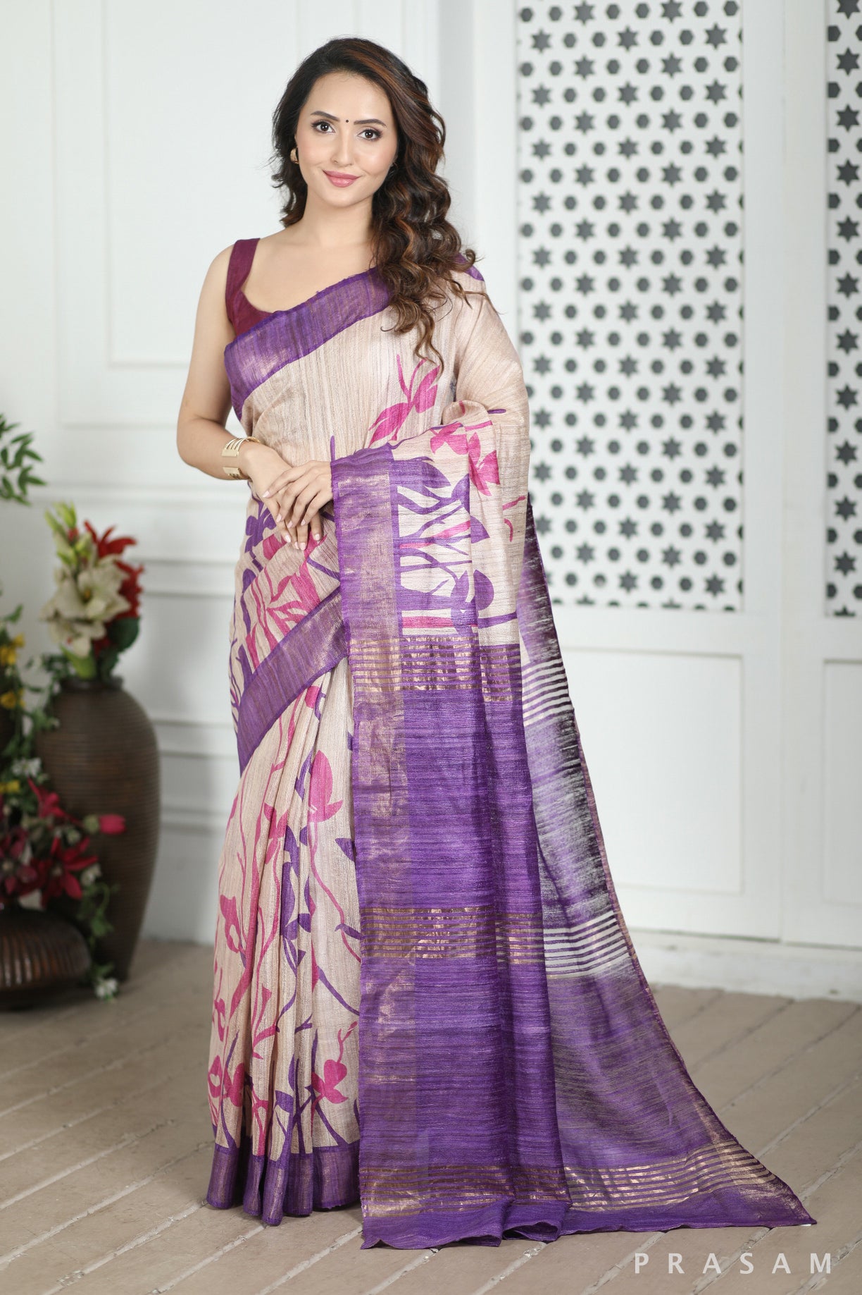 Purple Haze Printed Tussar Giccha Silk Saree