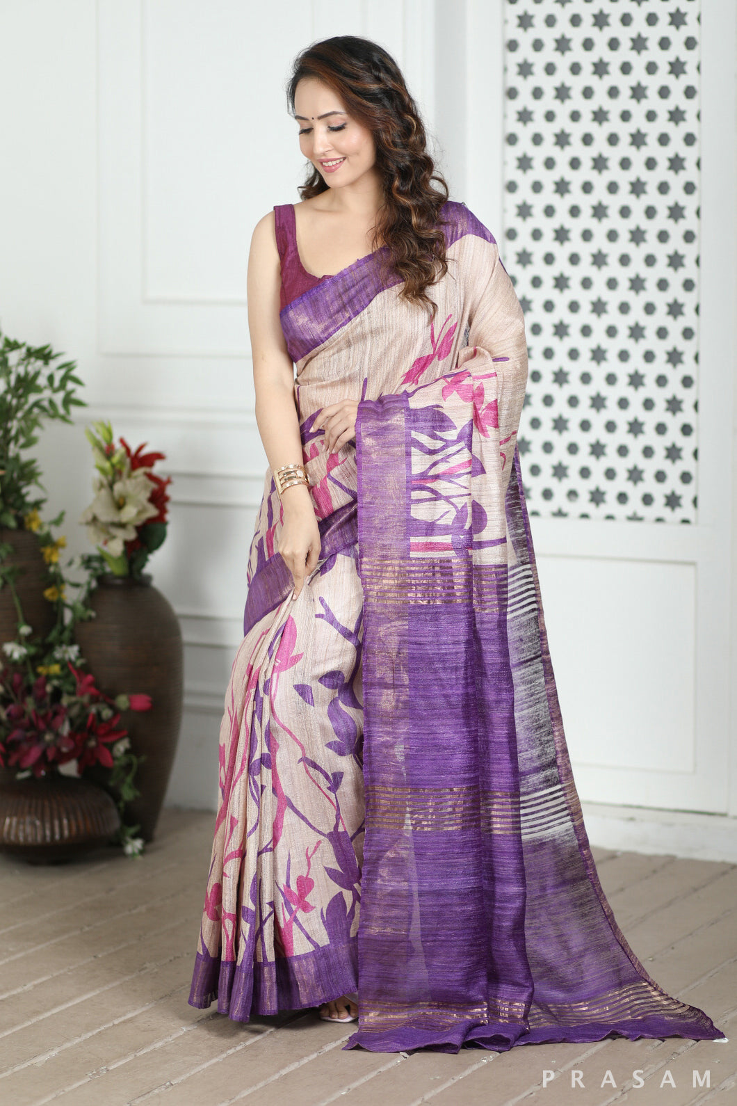 Purple Haze Printed Tussar Giccha Silk Saree