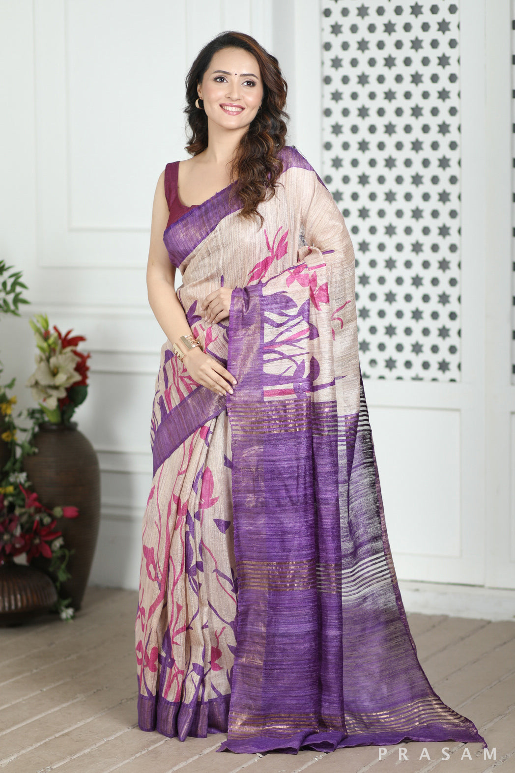 Purple Haze Printed Tussar Giccha Silk Saree