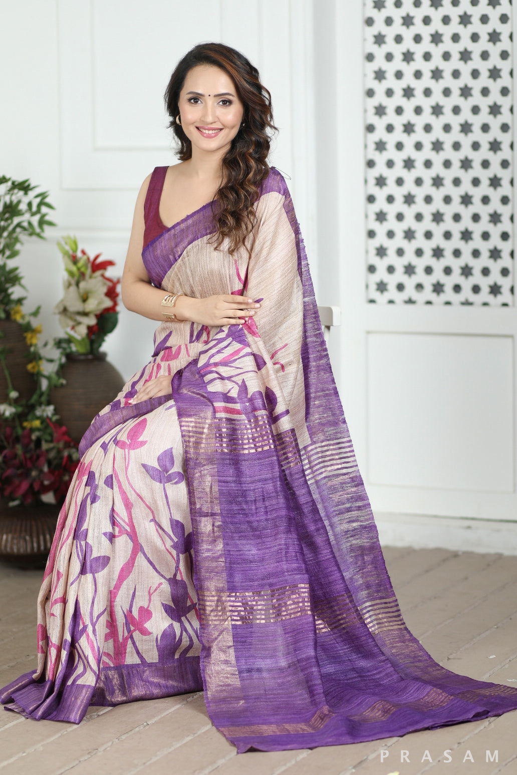 Purple Haze Printed Tussar Giccha Silk Saree