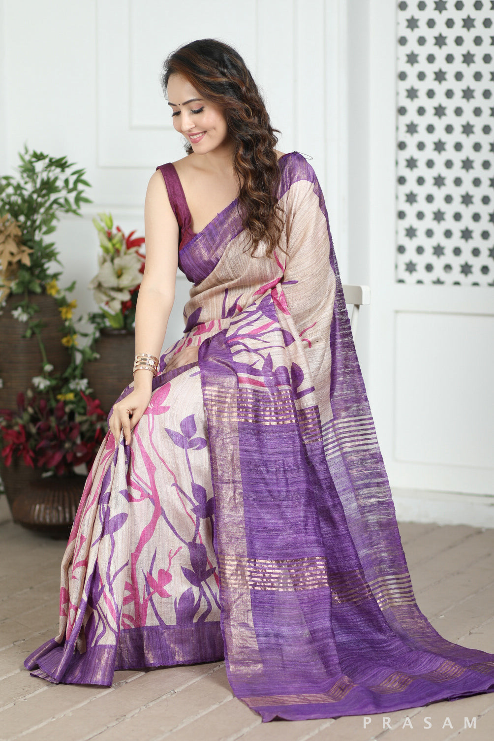 Purple Haze Printed Tussar Giccha Silk Saree