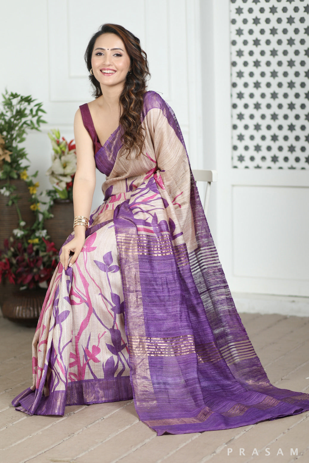 Purple Haze Printed Tussar Giccha Silk Saree