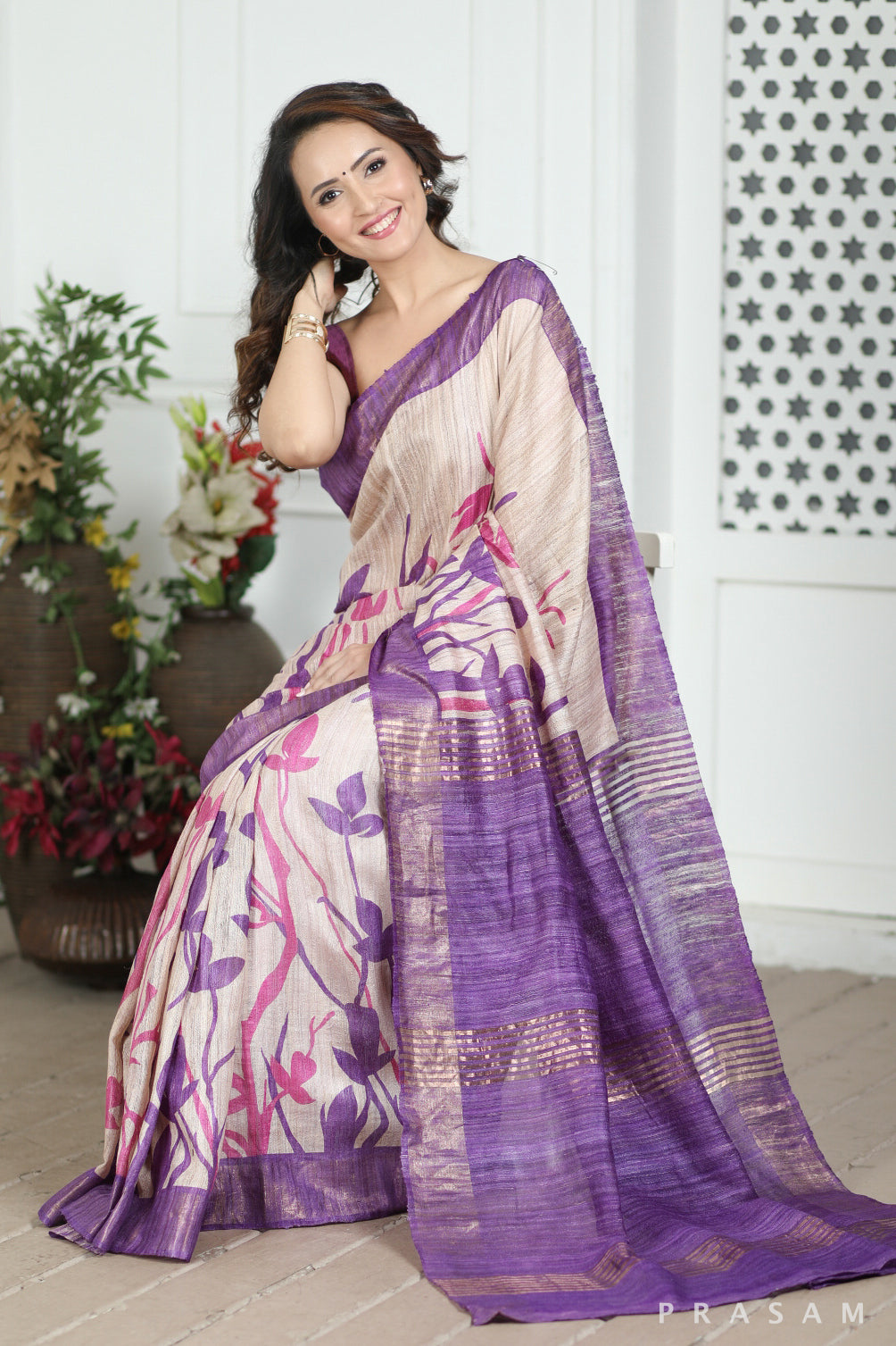 Purple Haze Printed Tussar Giccha Silk Saree