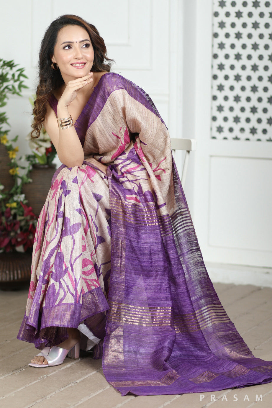 Purple Haze Printed Tussar Giccha Silk Saree