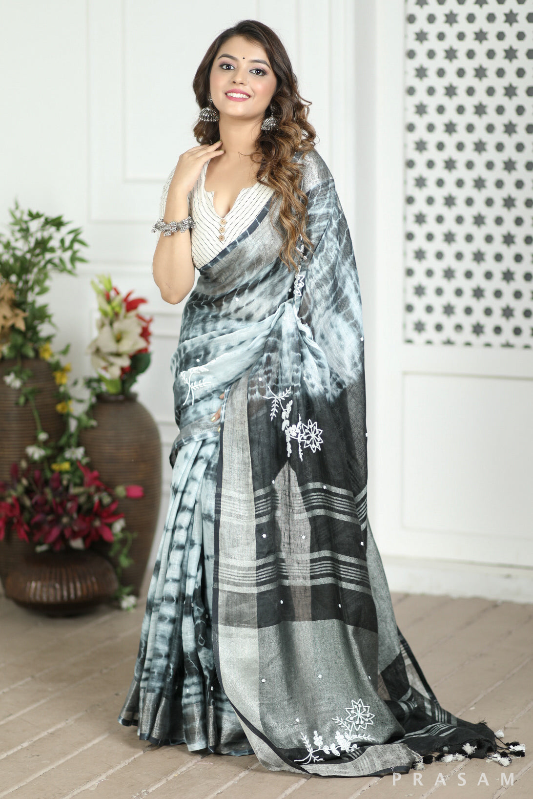 Cloudless Skies Tie Dye Embroidery Linen Saree Prasam Crafts