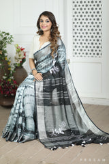 Cloudless Skies Tie Dye Embroidery Linen Saree Prasam Crafts