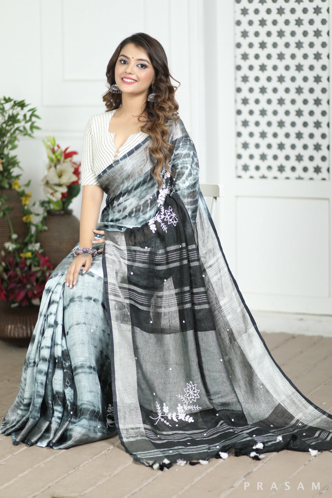 Cloudless Skies Tie Dye Embroidery Linen Saree Prasam Crafts