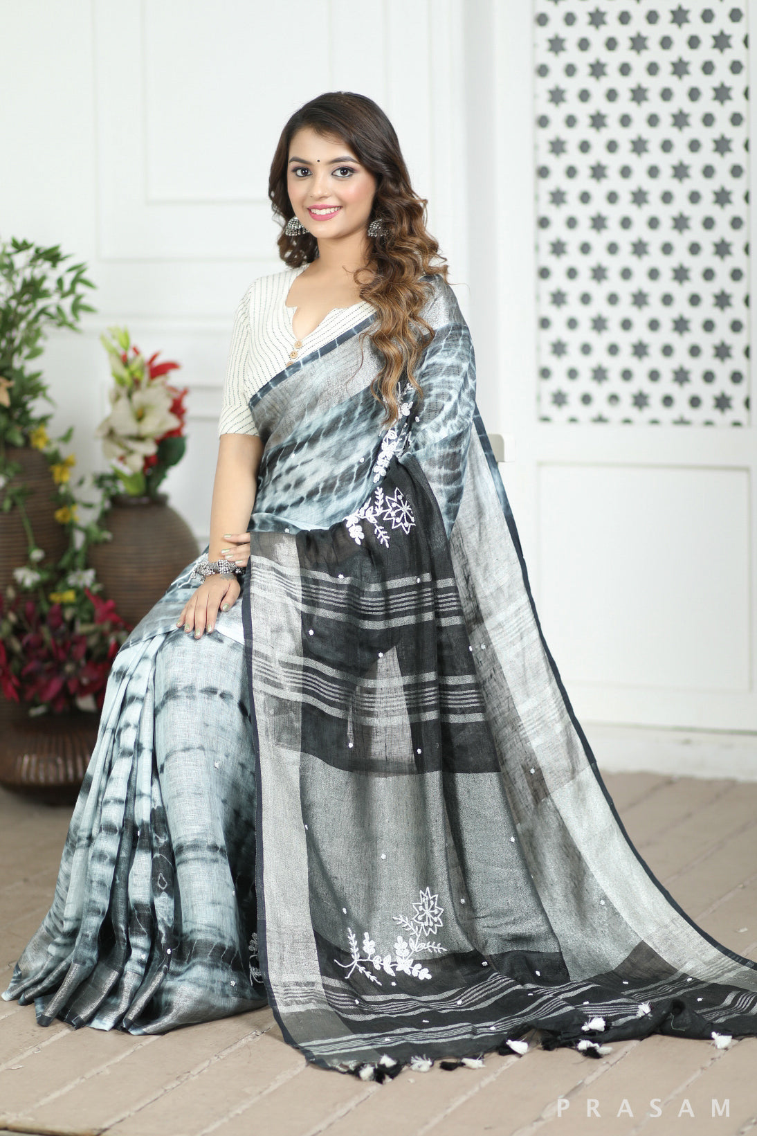 Cloudless Skies Tie Dye Embroidery Linen Saree Prasam Crafts