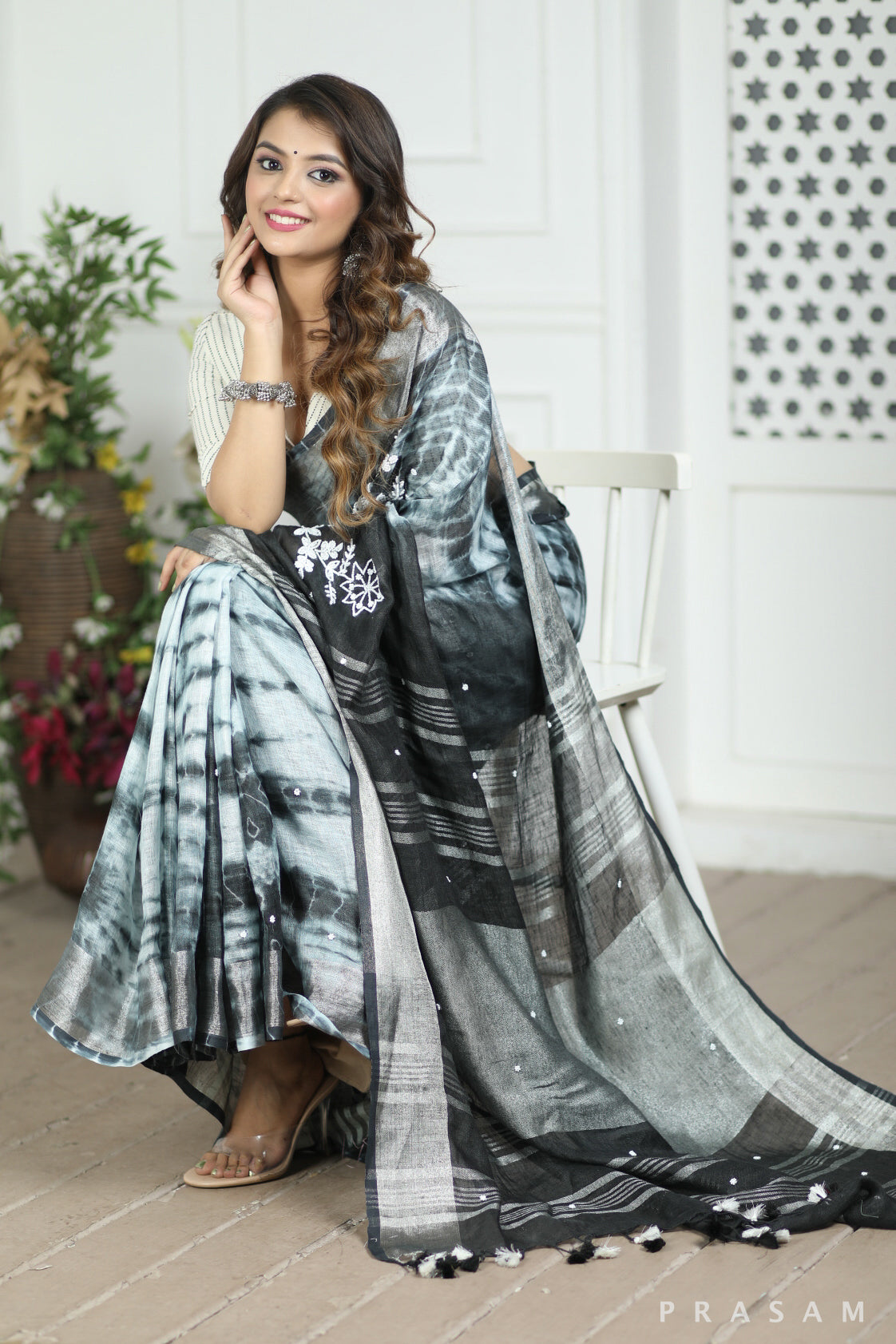 Cloudless Skies Tie Dye Embroidery Linen Saree Prasam Crafts