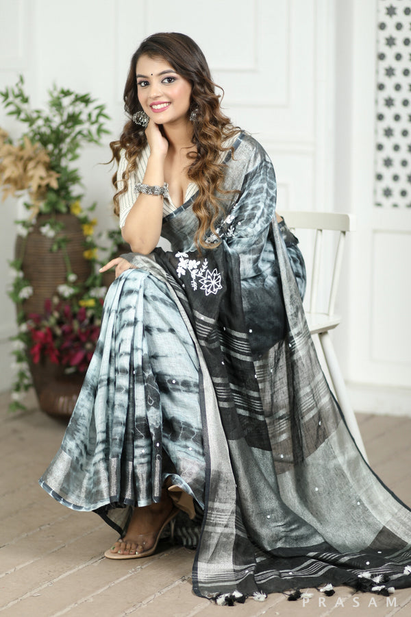Cloudless Skies Tie Dye Embroidery Linen Saree Prasam Crafts