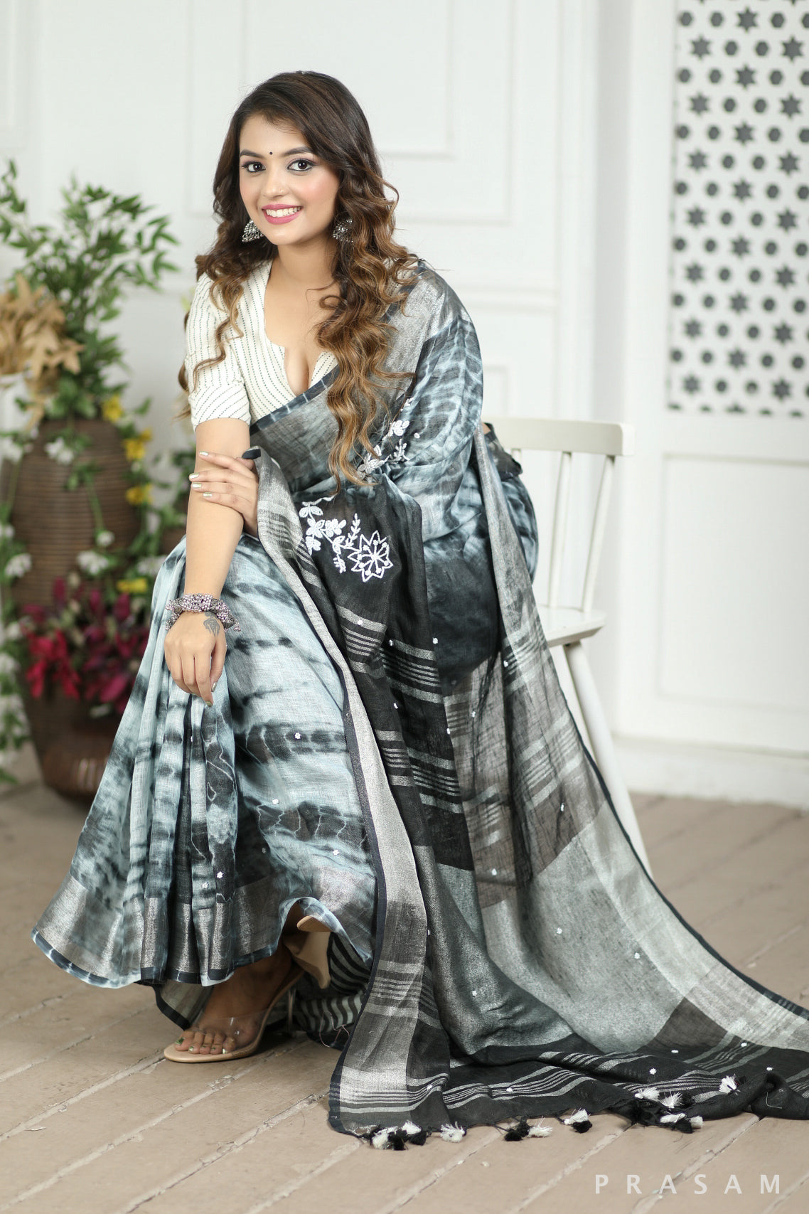 Cloudless Skies Tie Dye Embroidery Linen Saree Prasam Crafts