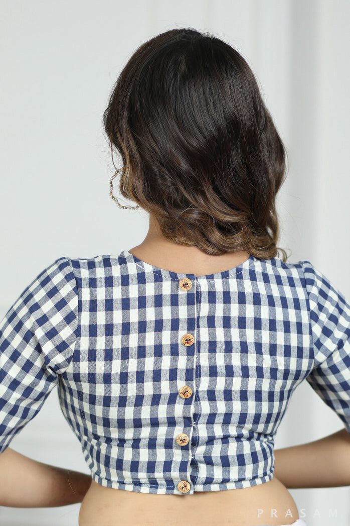 Blue White Checks Handwoven Cotton Blouse Prasam Crafts